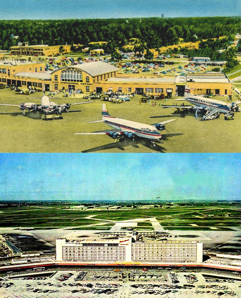 Historic images of Miami International Airport, showcasing its evolution over time with vintage aircraft and terminal buildings.