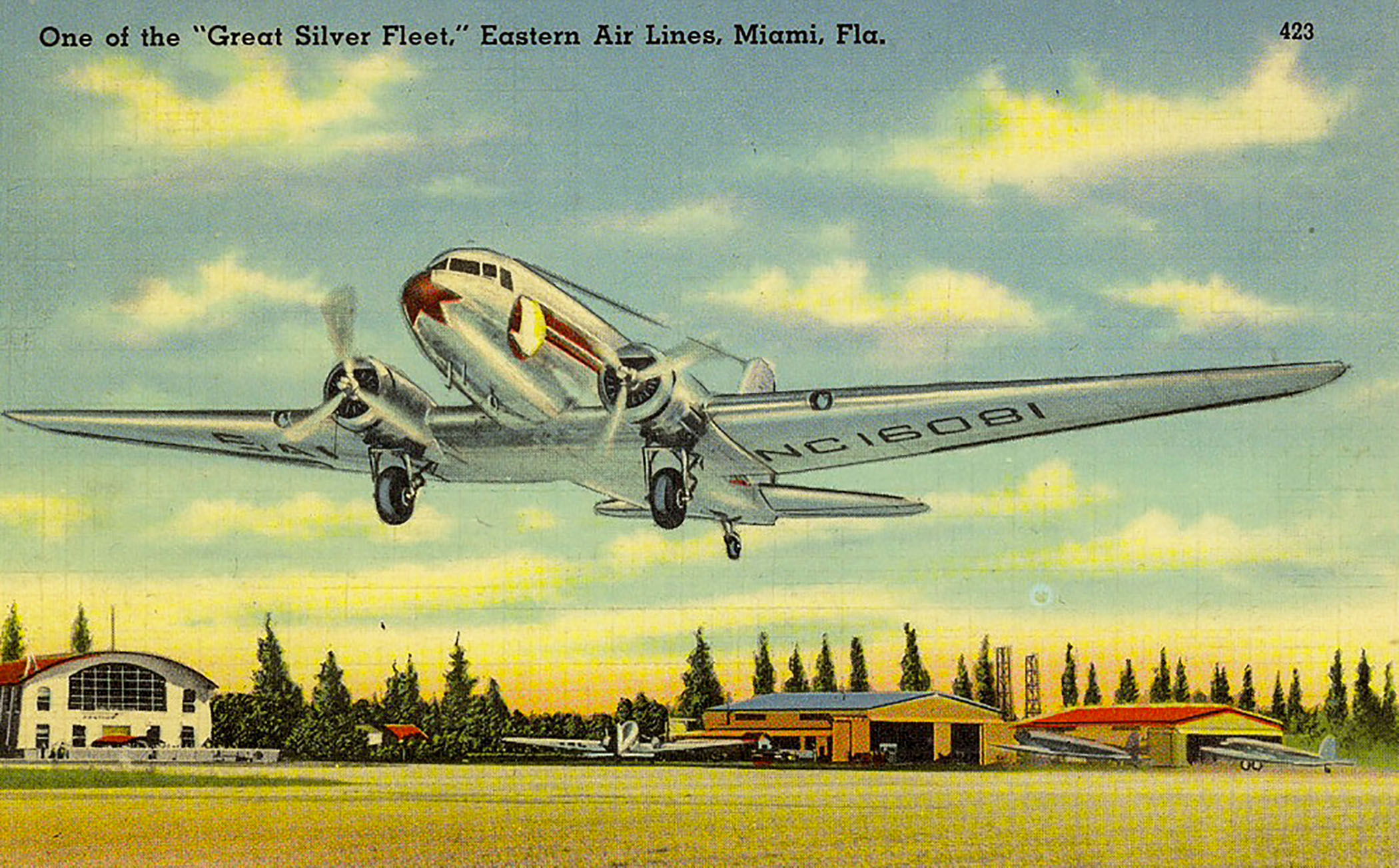 Vintage postcard depicting an Eastern Air Lines aircraft, part of the 'Great Silver Fleet,' taking off near a small airport in Miami, Florida, with a colorful sky in the background.