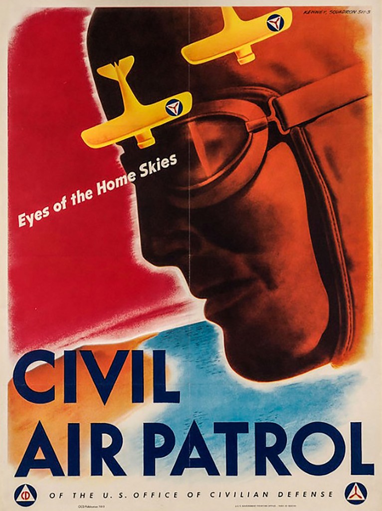 Vintage poster featuring a person wearing goggles with small aircraft illustrations and the text 'Eyes of the Home Skies', promoting the Civil Air Patrol.