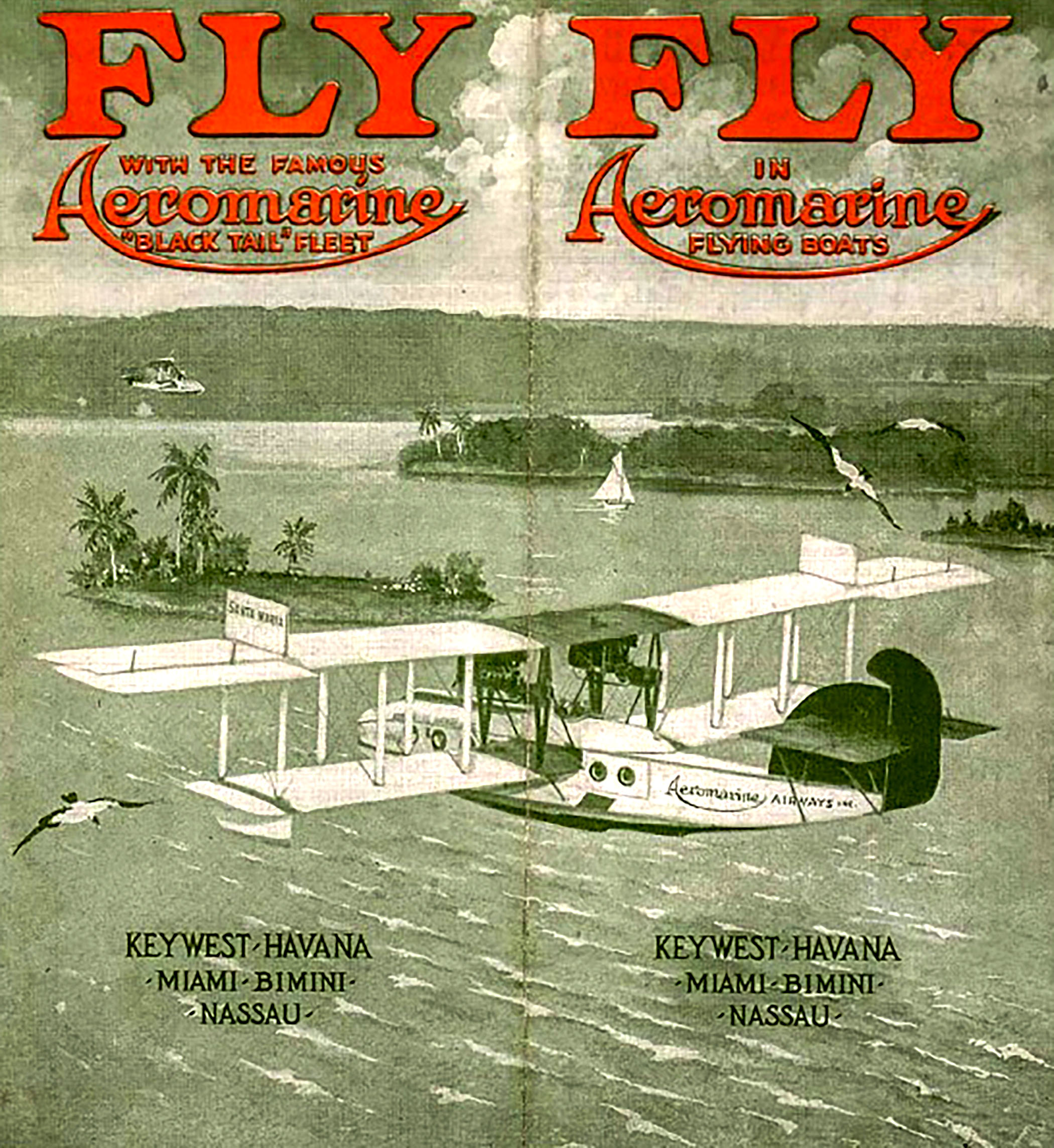 Vintage advertisement for Aeromarine flying boats featuring a seaplane and tropical scenery in Florida, highlighting routes to Key West, Havana, Miami, Bimini, and Nassau.