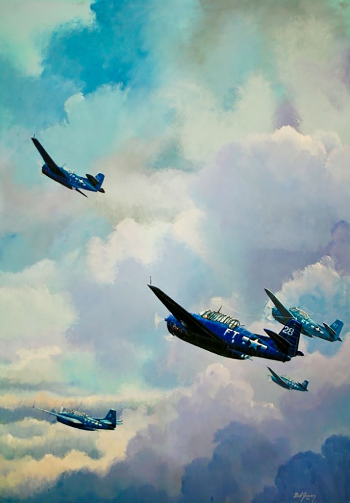 A painting depicting several vintage aircraft flying in a blue sky with clouds, emphasizing the theme of aviation history.