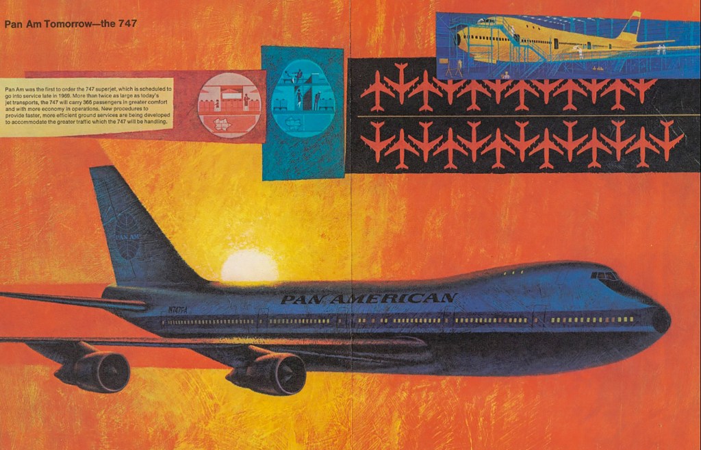 Illustration depicting a Pan Am 747 aircraft with an orange background, accompanied by smaller images and icons related to aviation services.