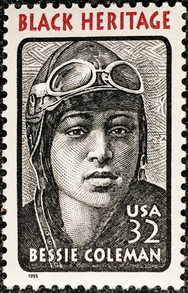 A postage stamp featuring Bessie Coleman, an aviation pioneer, with the inscription 'BLACK HERITAGE' and her name, along with the year '1995'.