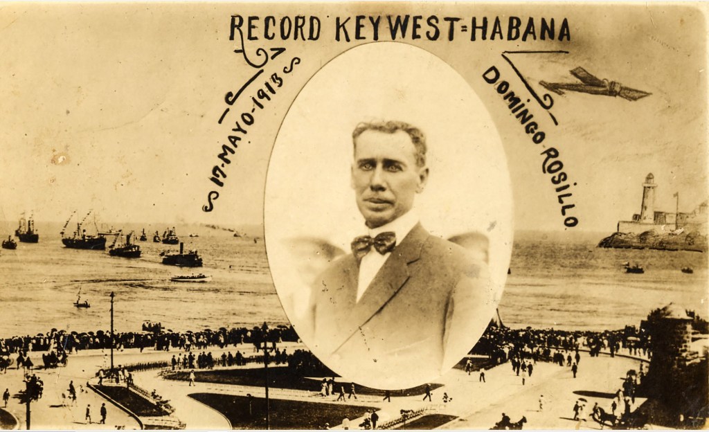 Historic photograph featuring Domingo Rosillo with a backdrop of Key West and Havana, dated May 17, 1913, highlighting early aviation history.