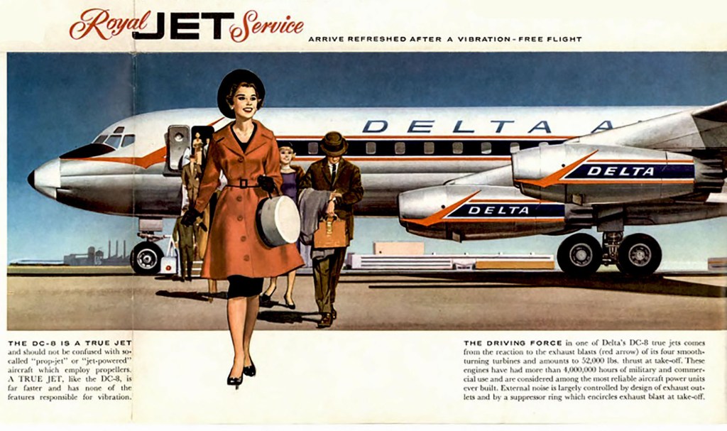 An illustration promoting Delta Airlines' Royal Jet Service featuring a stylish woman in a red coat and hat, walking towards a DC-8 airplane, with additional passengers boarding in the background.