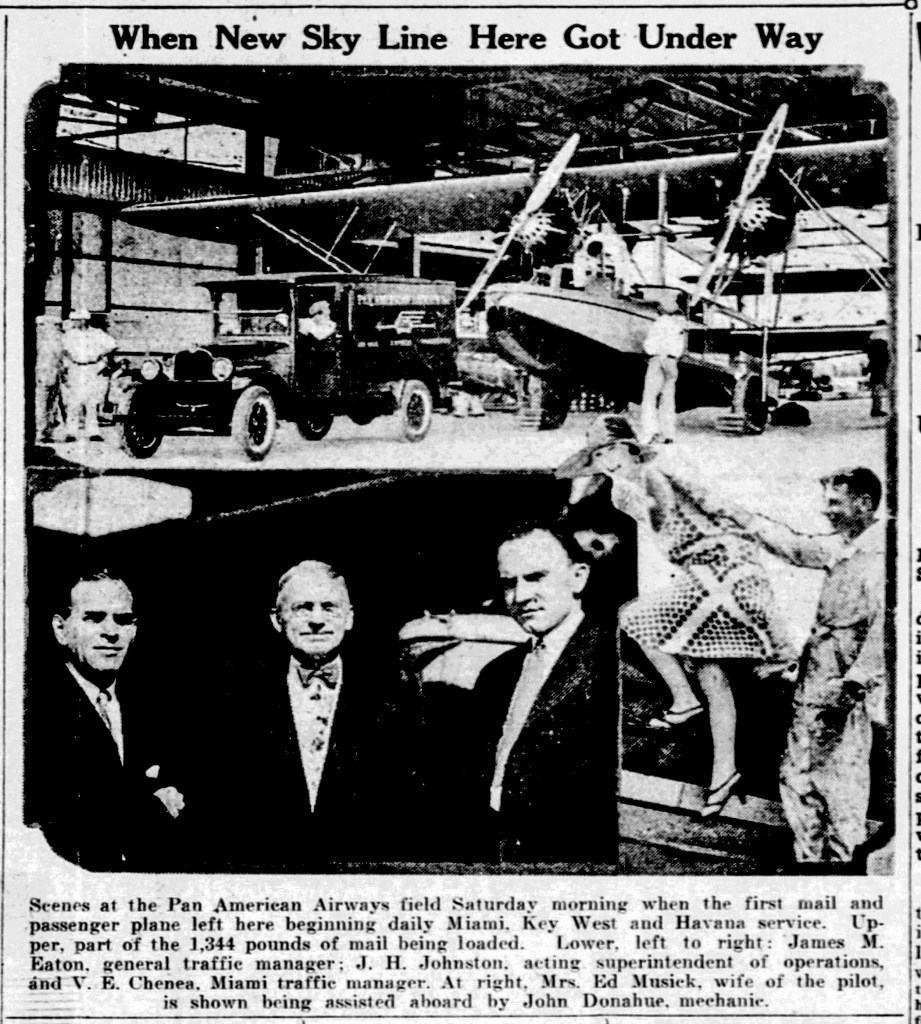 A historic image depicting scenes at the Pan American Airways field, showcasing the first mail and passenger plane as it prepares for service to Miami, Key West, and Havana. Several men in suits stand in front, with one woman being assisted aboard the plane. Various aircraft and vehicles are in the background.